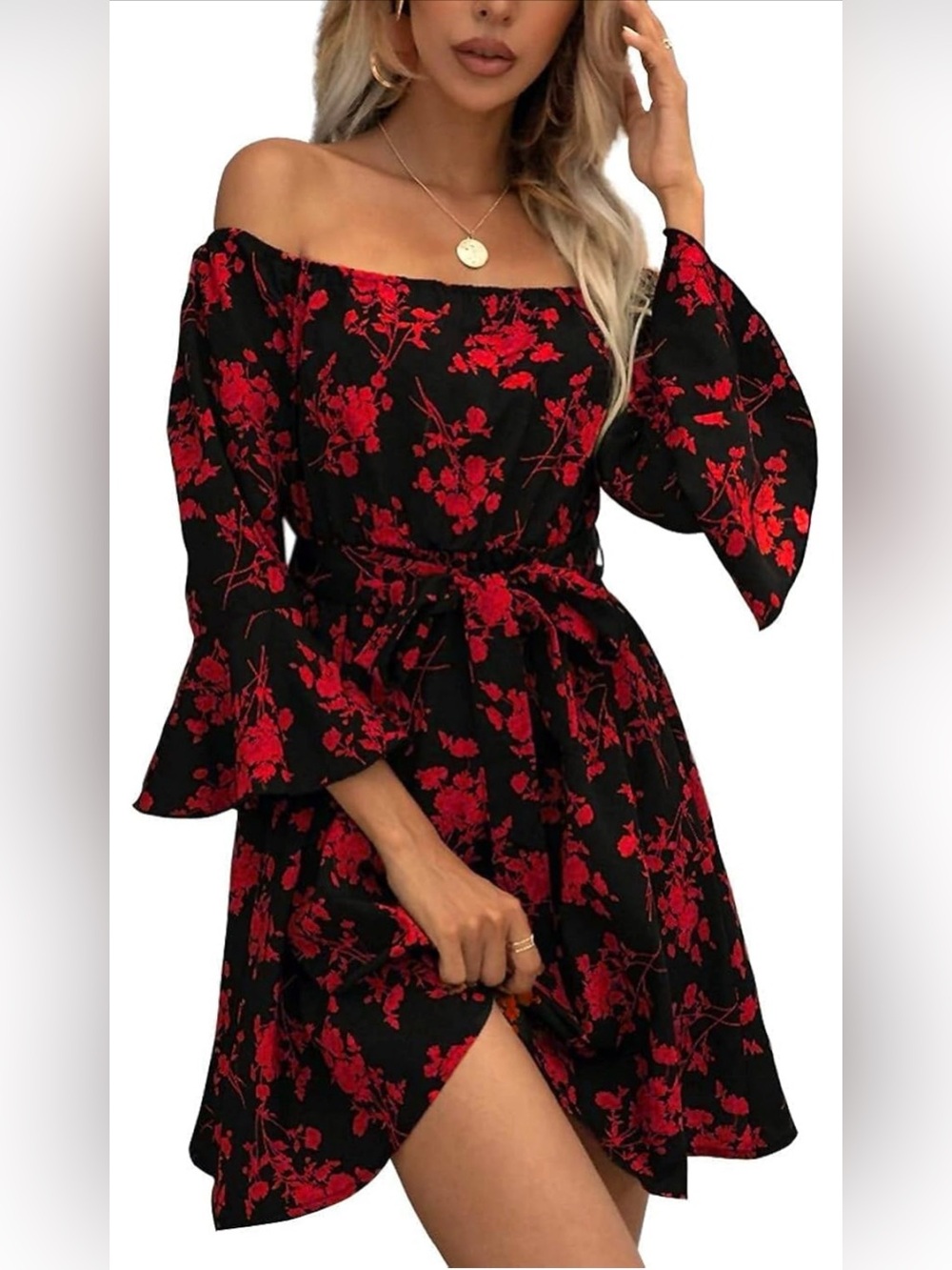 Off-Shoulder Black Midi Dress with Red Floral Print
